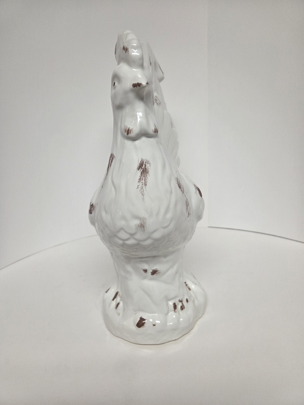 White Ceramic Rooster Figurine with Rustic Brown Accents - Home Art. #33 - Picture 4 of 7